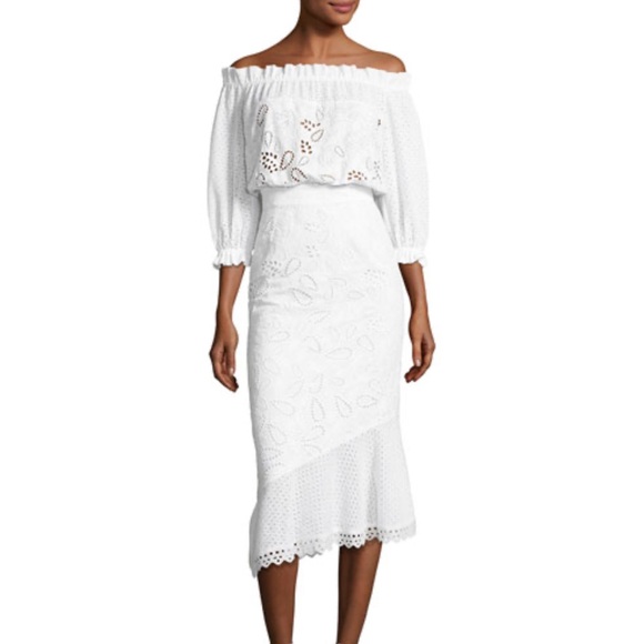 Saloni White Eyelet Grace Off the Shoulder Midi Dress NWT - Picture 3 of 10